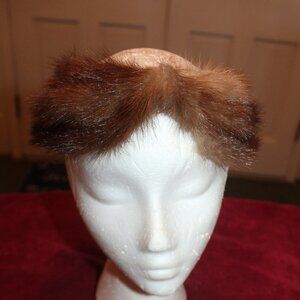 Vintage Champagne Faux Mink Fur Headband with Tan Satin Bow